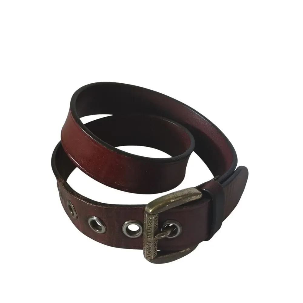 Tommy Hilfiger Brown Leather Belt Brass Buckle Grommet Detail Size